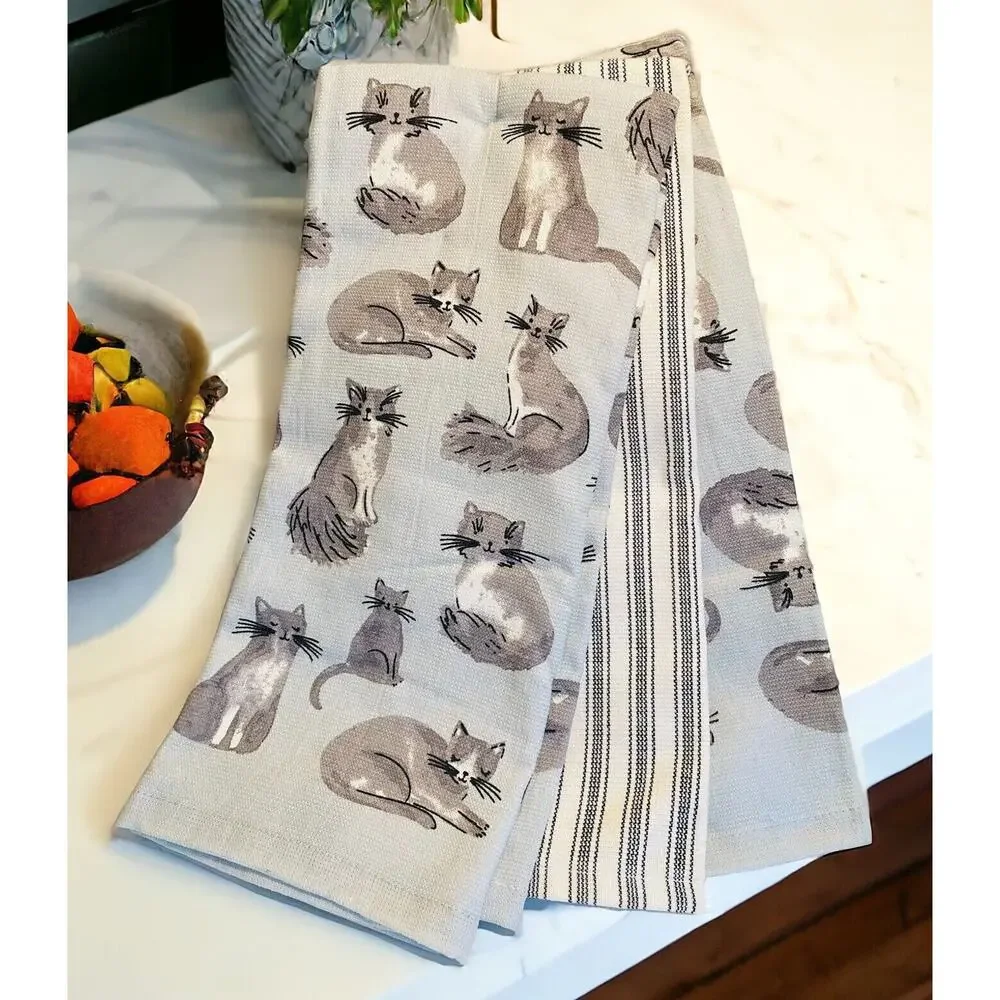 NWT Sweet Grey & White Kitten Cats Cat 3 Piece Blue Striped Kitchen Towel Set